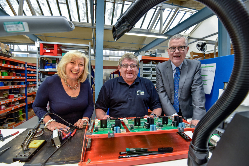 Lord Newby paid a visit to Andel's head office in Marsden, Huddersfield, LtR Julie Greenwood, managing director of Andel; Roger Sharp, technician at Andel and Lord Newby, Leader of the Liberal Democrats in the House of Lords.